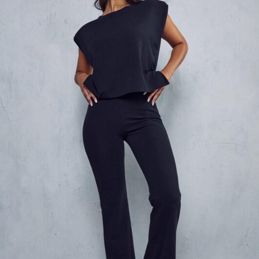 Womens Ribbed Boxy Side Split Lounge Set - black - L/XL, Black