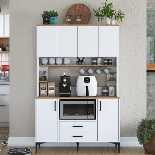 Arlivo Wooden Coffee Station Cabinets with 6 Doors 2 Drawers in White and Walnut