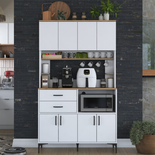 Arlivo Wooden Coffee Station Cabinets with 8 Doors 2 Drawers in White and Walnut