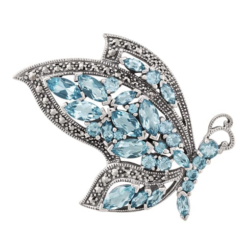 Art Nouveau Style Marquise Blue Topaz & Marcasite Flying Butterfly Brooch in 925 Sterling Silver