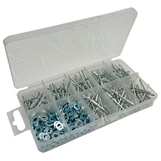 Assortment of Alloy Pop Rivets & Flat Washers, 490 Pieces in a 10 Compartment Carry Case.