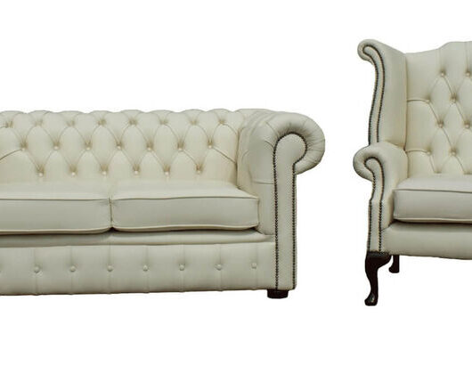 Chesterfield 2 Seater + Queen Anne High Back Wing Chair Shelly Cream Leather