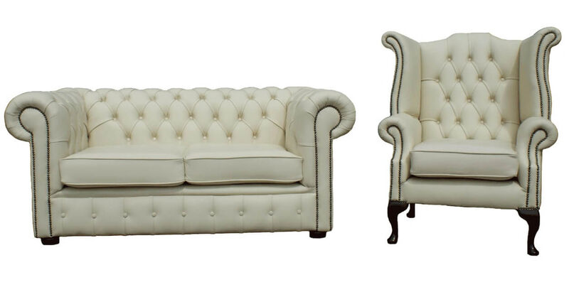 Chesterfield 2 Seater + Queen Anne High Back Wing Chair Shelly Cream Leather