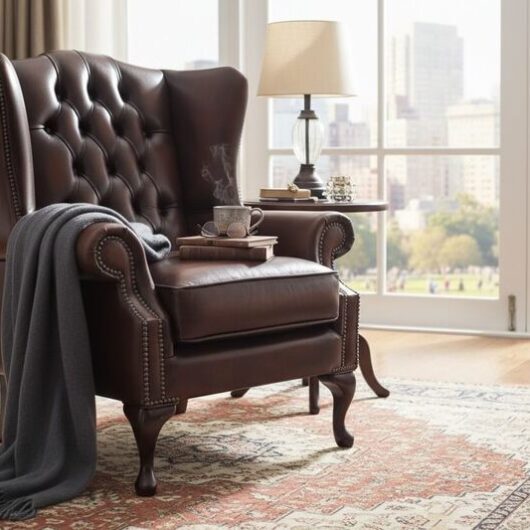 Chesterfield Mallory Flat Wing Queen Anne High Back Wing Chair Antique Brown Real Leather