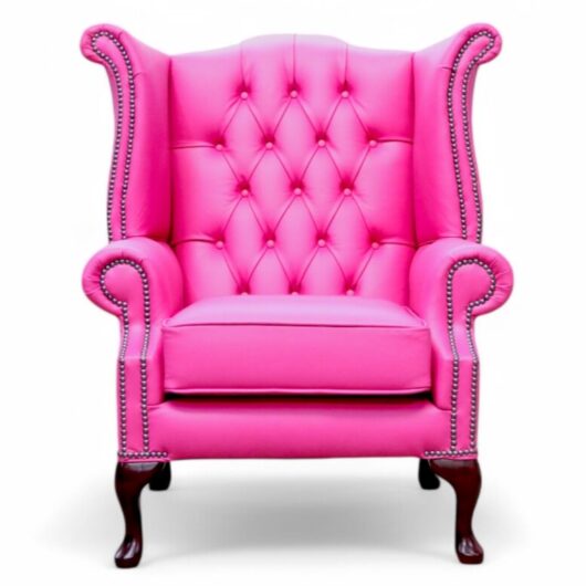 Chesterfield Queen Anne High Back Wing Chair Vele Fuchsia Pink