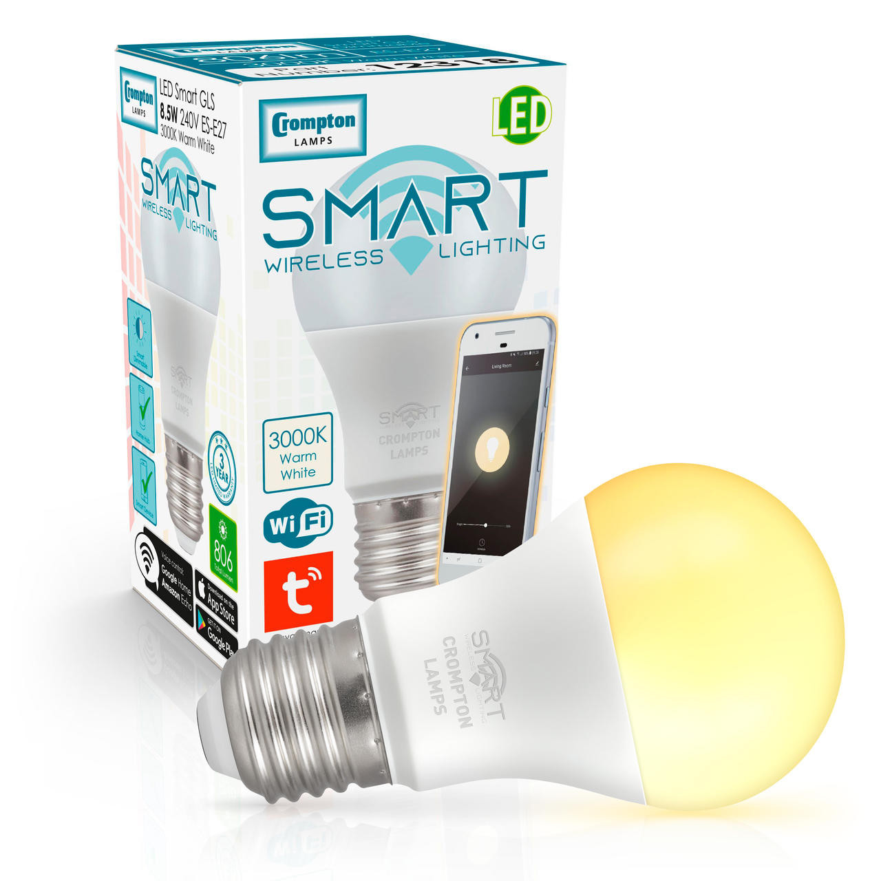 Crompton LED Smart WiFi GLS Light Bulb E27 8.5W Dimmable Warm White 3000K Screw Amazon Alexa Opal