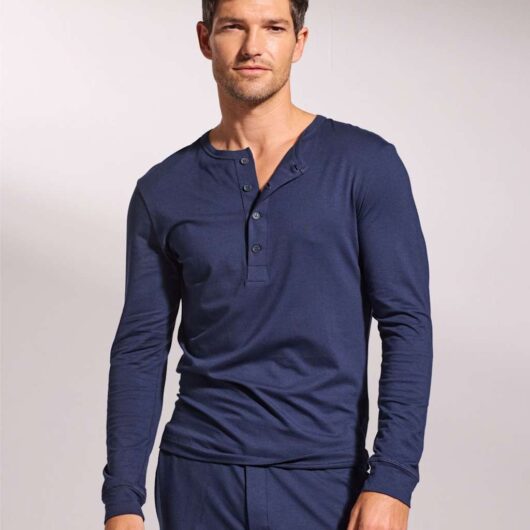 David Gandy Wellwear Premium Cotton Modal Long Sleeve Henley Pyjama Top Navy