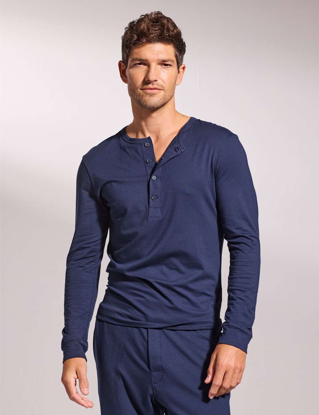 David Gandy Wellwear Premium Cotton Modal Long Sleeve Henley Pyjama Top Navy