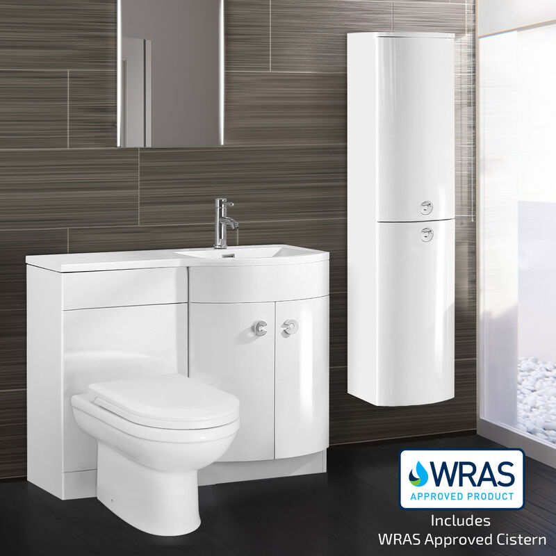 Dene rh 1100mm Vanity Basin Unit White, Welbourne Back to Wall Toilet & Wall Hung Cabinet White
