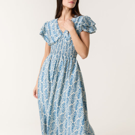 Double Frill Shirred Midi Dress - L / BLUE
