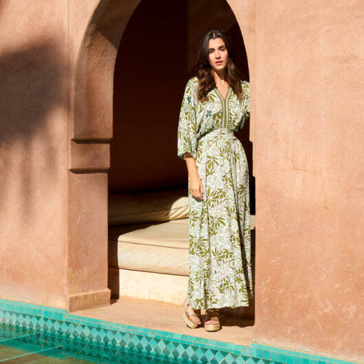 Embellished V Front & Back Maxi Dress - L/XL / KHAKI