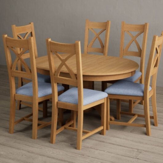 Extending Hertford 100cm - 130cm Solid Oak Pedestal Dining Table with 6 Linen Natural Solid Oak Chairs