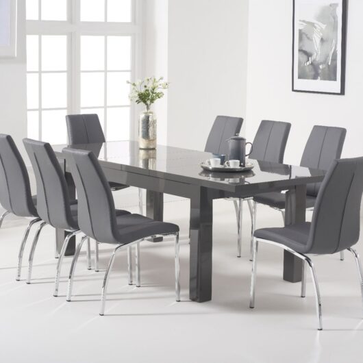 Extending Seattle 160cm Dark Grey High Gloss Dining Table with 6 Black Marco Chairs