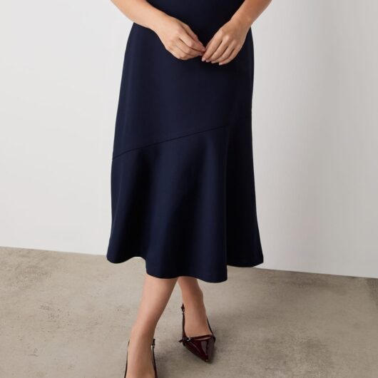 Finery London Ponte Jersey A-Line Midi Skirt Navy