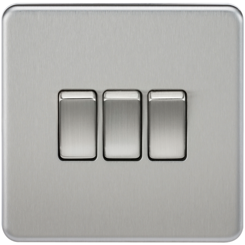 KnightsBridge 10A 3G 2 Way 230V Screwless Brushed Chrome Electric Wall Plate Switch