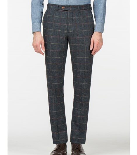 Marc Darcy Eton Blue Tweed Check Slim Fit Men's Trousers, Grey