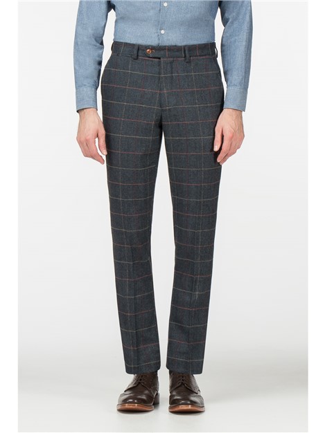 Marc Darcy Eton Blue Tweed Check Slim Fit Men's Trousers, Grey