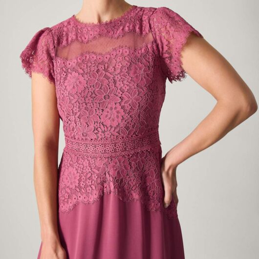 Monsoon Lace Scoop Neck Maxi Skater Dress Dark Pink