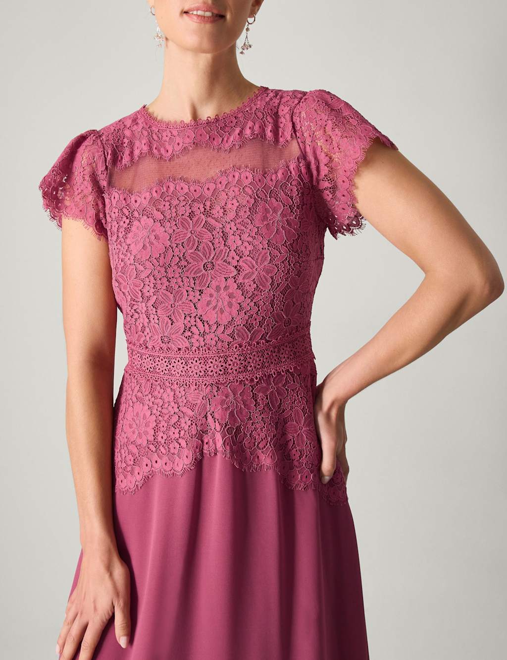 Monsoon Lace Scoop Neck Maxi Skater Dress Dark Pink
