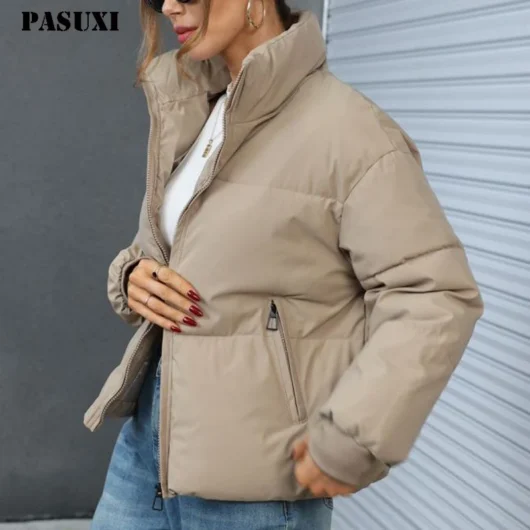 PASUXI Fall Clothing Women Coats Zip up Long Sleeve Crop Jacket Casual Solid Color Bubble Jackets for Women