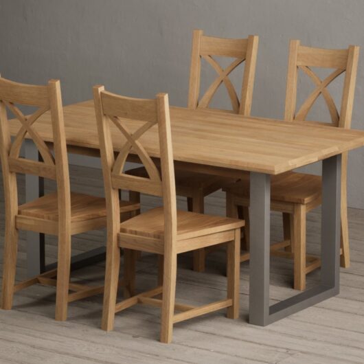 Parker 160cm Solid Oak Dining Table with 6 Light Grey Natural Solid Oak Chairs