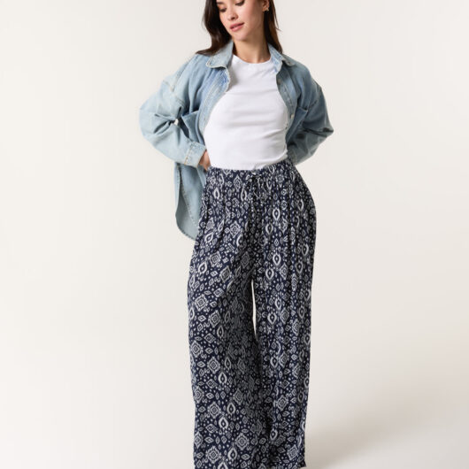 Printed Elastic Waist Trousers - S / NAVY