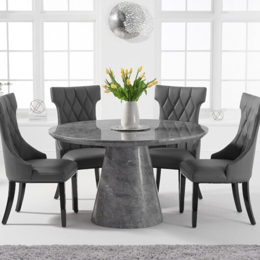 Ravello 130cm Round Grey Marble Dining Table with 6 Cream Sophia Chairs
