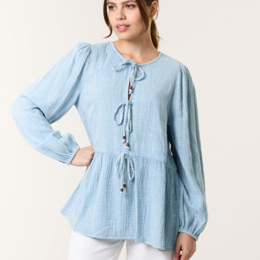 Washed Tie Front Top - M/L / DENIM BLUE