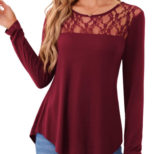 Women's Lace Mesh Long Sleeve Top - Burgundy 16-18