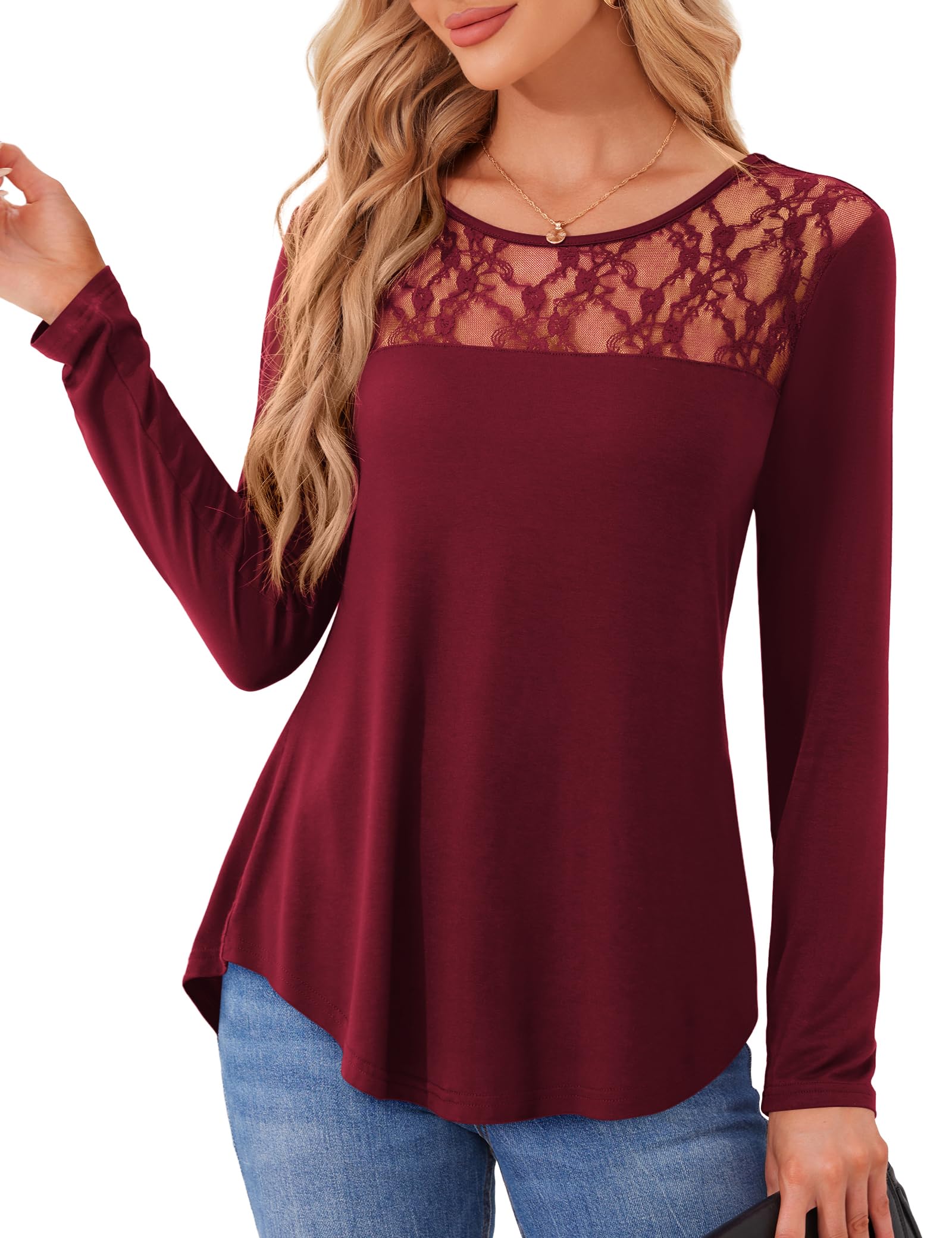 Women's Lace Mesh Long Sleeve Top - Burgundy 16-18