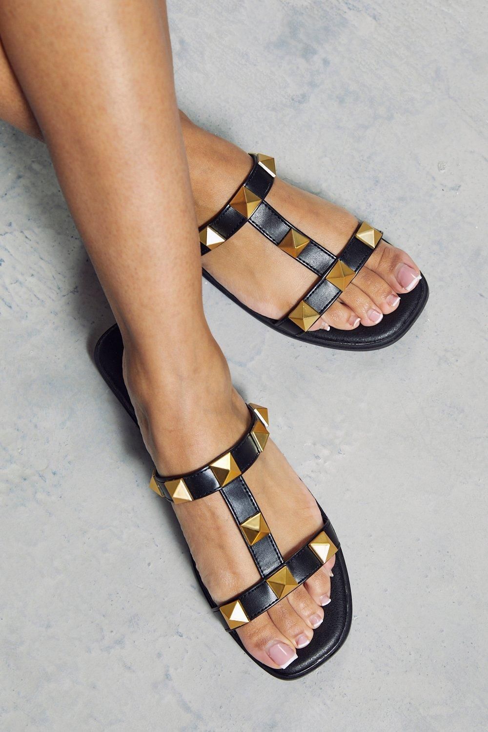 Womens Studded Strap Sandals - black - 3, Black