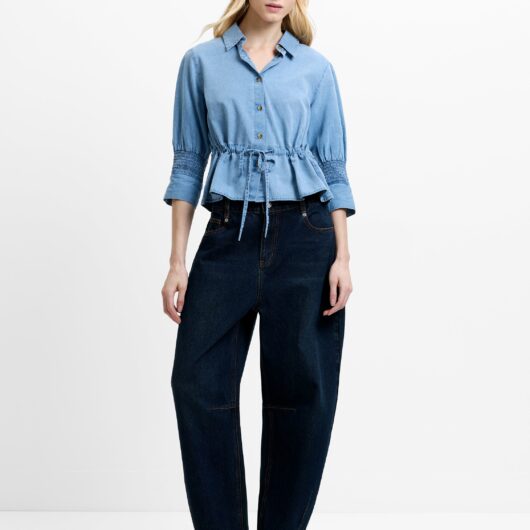 Zaves Chambray Denim Blue Drawstring Waist Top Light Wash Blue