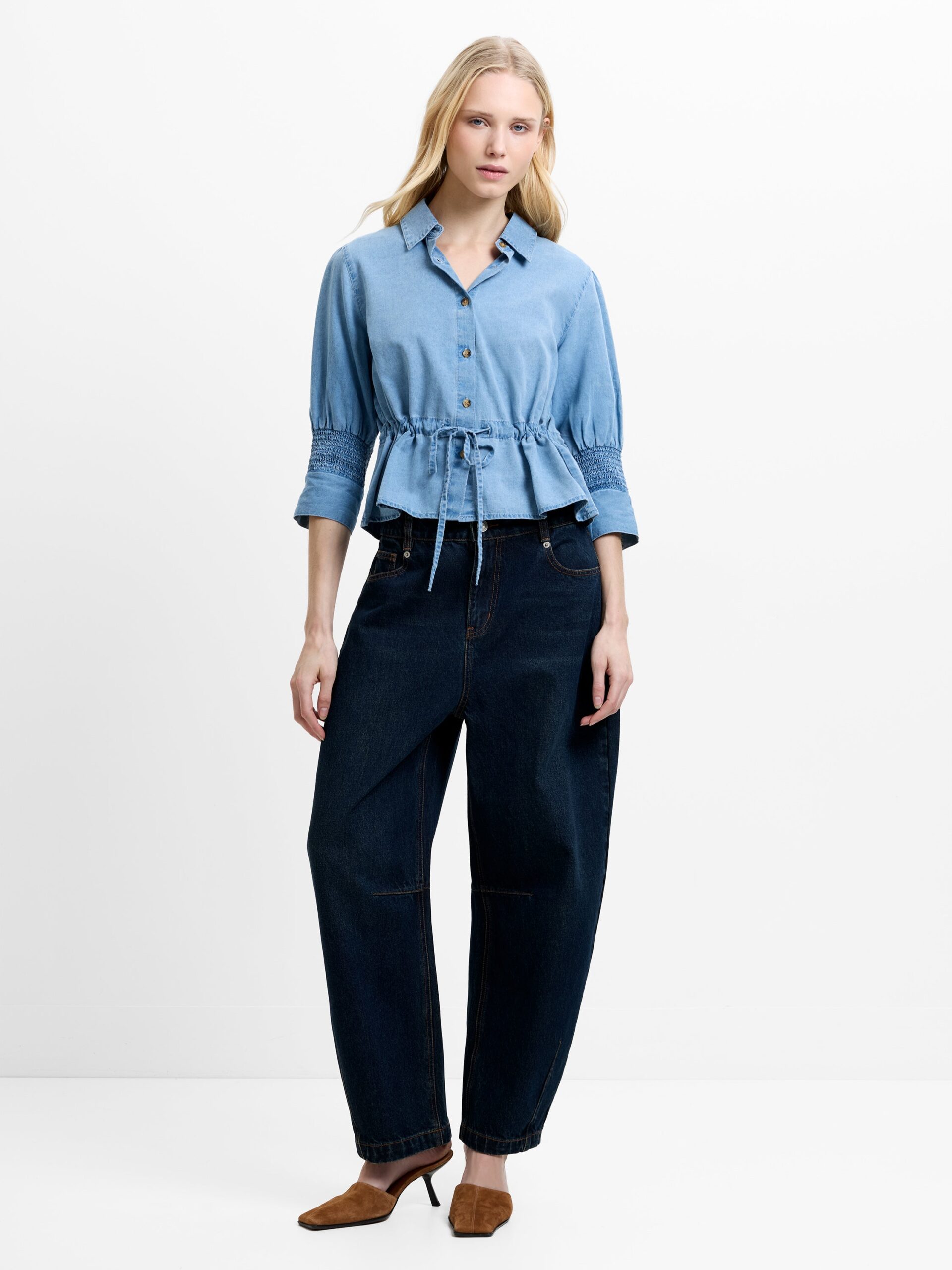 Zaves Chambray Denim Blue Drawstring Waist Top Light Wash Blue